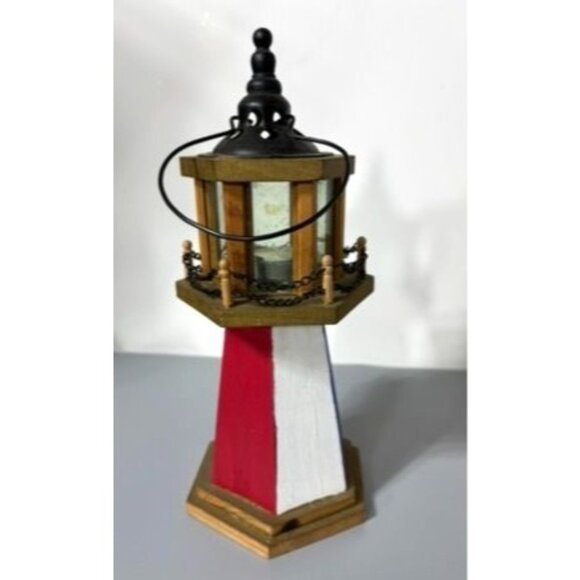 Vtg Wooden Lighthouse‎ Candle Holder Glass Panels Nautical Decor - Picture 6 of 7